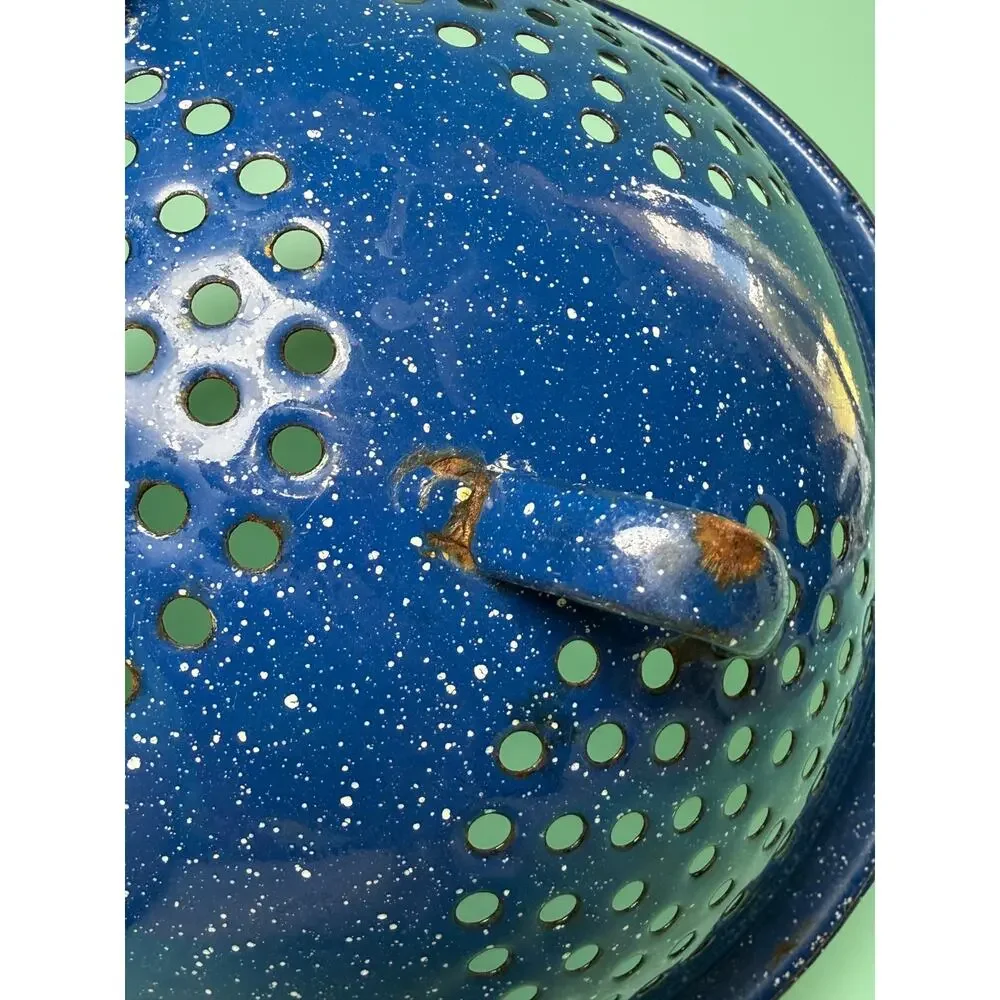 Vintage Teal Blue Speckled Graniteware Enamelware Colander Farmhouse Rustic Prim